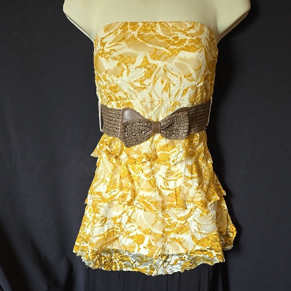 Justify Yellow Strapless Dress with Brown Belt